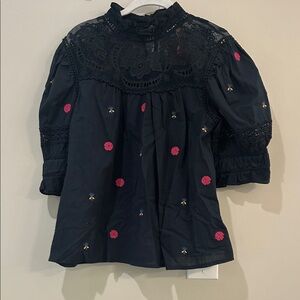 Anthropologie Navy Blue Top with Pink Accents